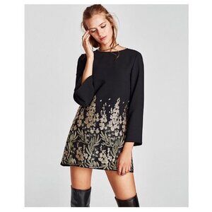 NWOT ZARA Black Long Sleeve Mini Dress with Gold Embroidery - Size M